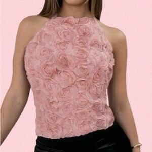Romantic Pink Rose-Embellished Halter Camisole